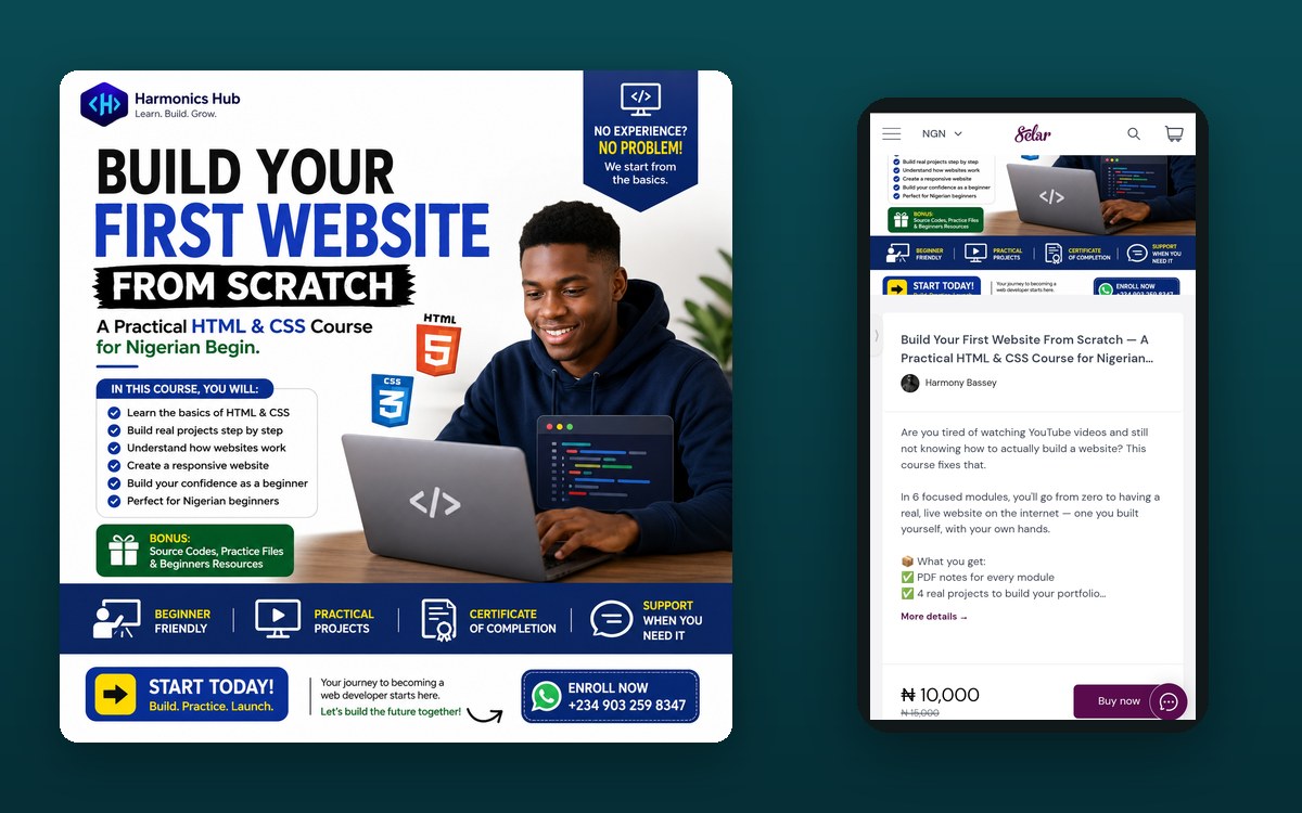 Build Your First Website From Scratch course flyer and its Selar sales page