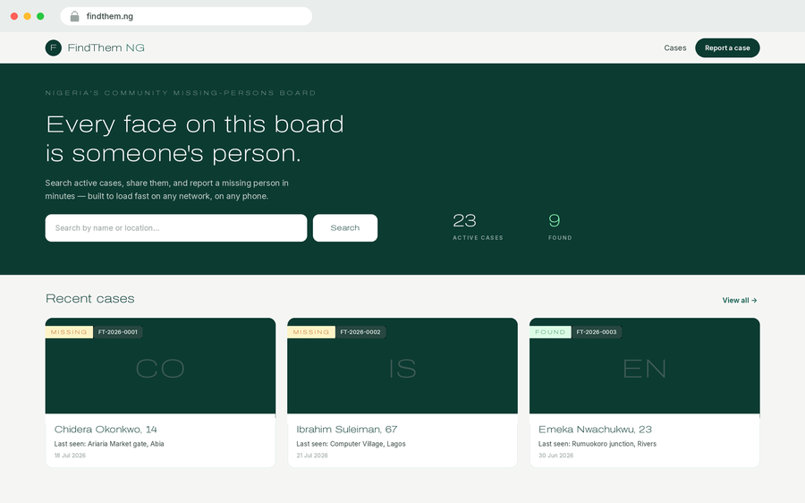 FindThem NG homepage — Nigeria's community missing-persons board
