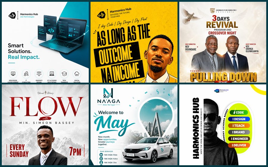 Selection of flyers, event posters and brand designs by Harmonics Hub
