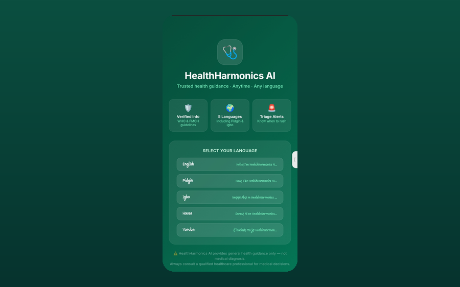 HealthHarmonics AI — multilingual health guidance app language selection screen
